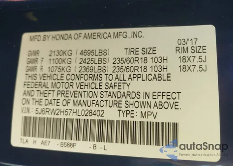 2017 Honda Cr-V Ex from USA, damaged, VIN 5J6RW2H57HL028402